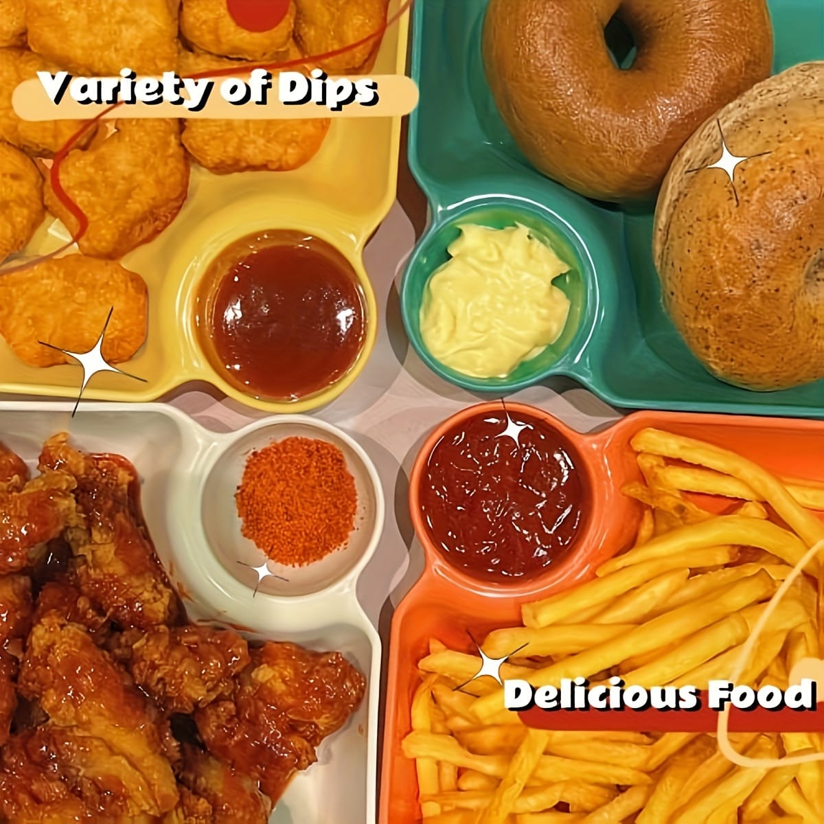 4-Piece Colorful Serving Platter Set – BPA-Free Snack, Sushi, Appetizer & Dessert Plates with Built-in Dipping Bowls for Parties & Everyday Use