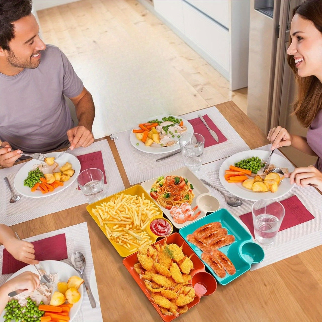 4-Piece Colorful Serving Platter Set – BPA-Free Snack, Sushi, Appetizer & Dessert Plates with Built-in Dipping Bowls for Parties & Everyday Use