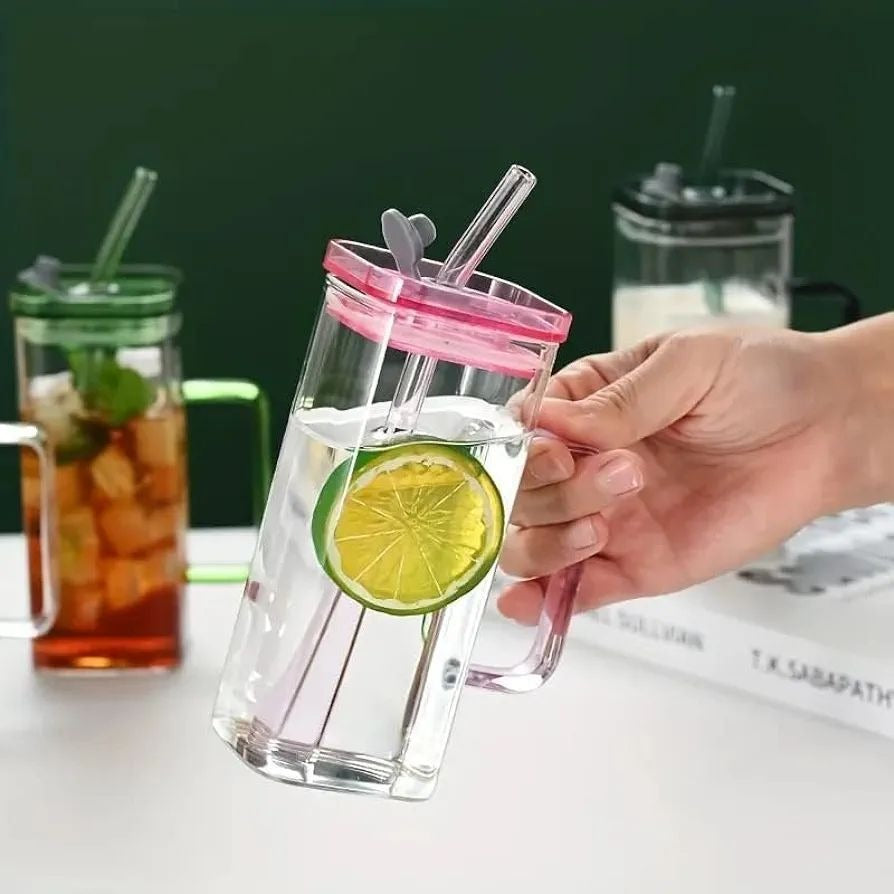 Premium 400ml Transparent Glass Mug with Lid & Straw – Breakfast Milk Cup, Coffee & Juice Drinkware